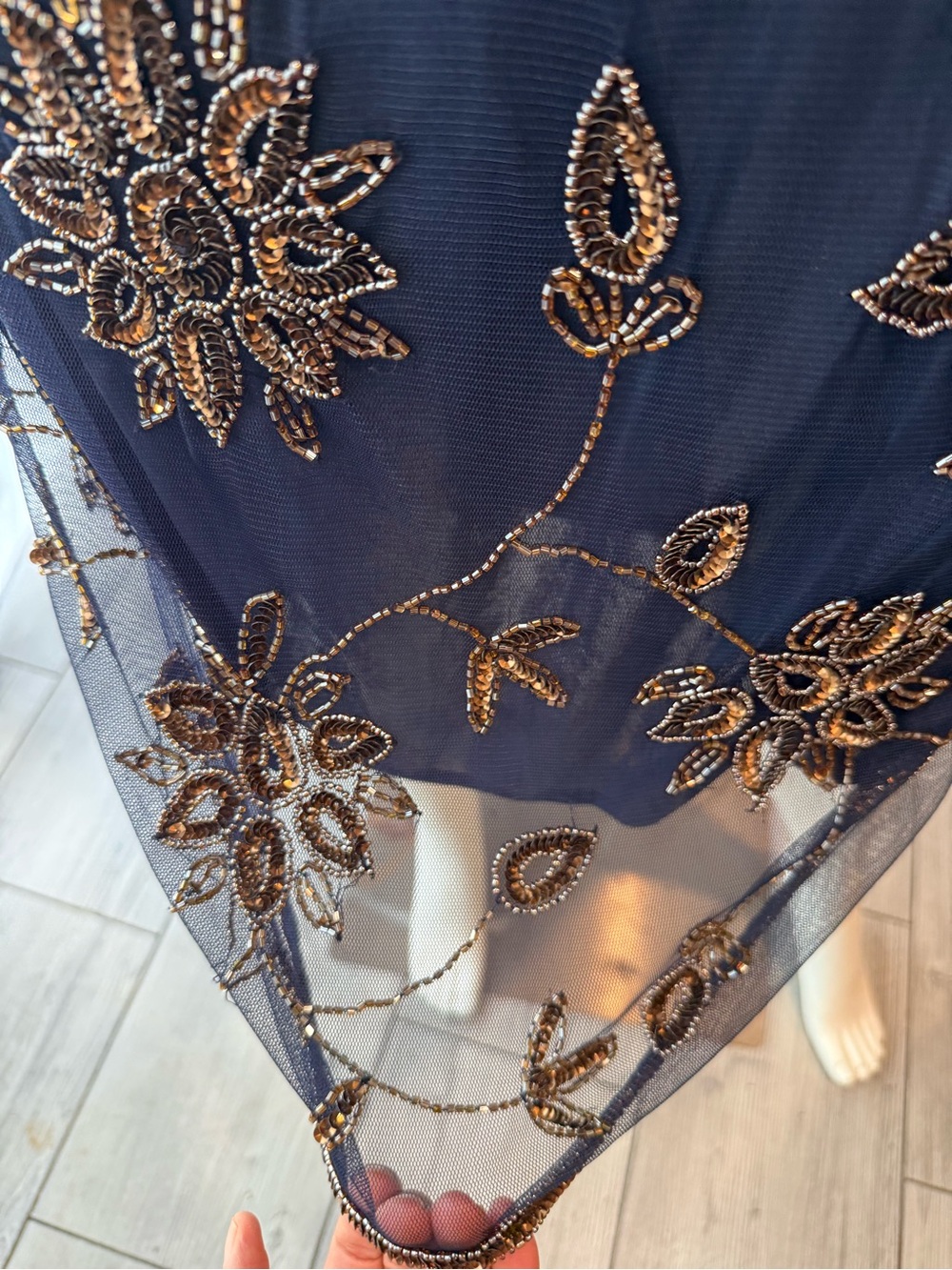 Pisarro Nights Navy Blue Midi Dress with Gold Floral Embroidery beads and sequin - Picture 7 of 15